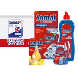 SOMAT Tabs 3x35(105) AW Gold, Geschirrspül Tabs für sauberes Geschirr, gegen Eingetrocknetes + Klarspüler + Intensiv-Maschinenreiniger + Spezial-Salz + Deo Perls + Maschinenreiniger