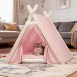 PETCUTE Haustier-Tipi Zelt für Katzen, Kätzchen und kleine Hunde, faltbares Hundezelt mit dreieckigem Holzrahmen und abnehmbarem, waschbarem Kissen, gemütlicher Katzenzelt für Indoor Outdoor,Rosa