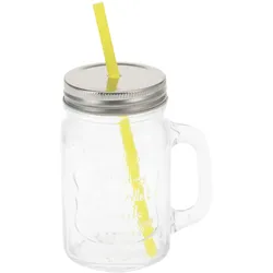 WellHome - 450 ml Glasbecher mit gelbem Strohhalm