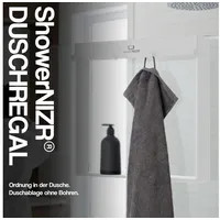 showernizr Duschregal Arctic White - Duschablage ohne Bohren für Duschwand zum Hängen aus Edelstahl mit 4 Haken