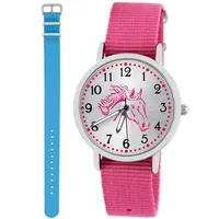 Pacific Time Kinder Armbanduhr Mädchen Junge Pferd Kinderuhr Set 2 Textil Armband rosa + hellblau analog Quarz 10553