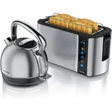 Arendo Frühstücks Set Edelstahl Wasserkocher 1,7l, Retro-Design & 4-Scheiben Langschlitz Toaster, Silber, Wasserkocher, Silber