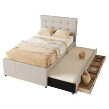 XDOVET Polsterbett, 90x200cm(90x190cm),Familienbett, Bett mit drei Schubladen, Ausziehbares Rollbett, Verstellbares Kopfteil