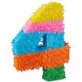 Relaxdays Pinata Geburtstag, Zahl 4, zum Aufhängen, Kinder & Erwachsene, Papier, zum selbst Befüllen, Piñata, bunt