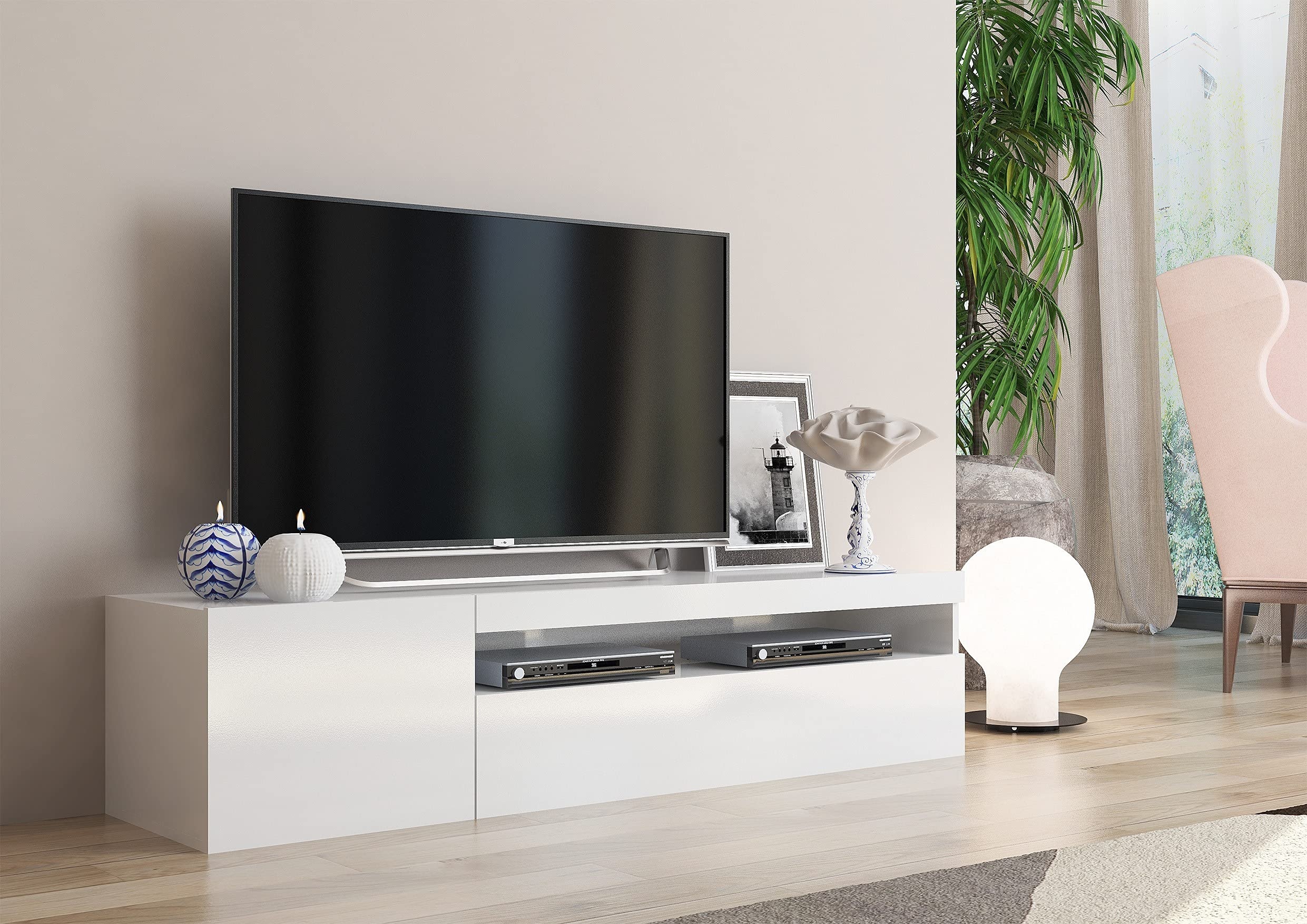 Dmora Wohnzimmer-TV-Ständer, Made in Italy, 2-türiger TV-Ständer, Wohnzimmer-TV-Ständer, 150x40h37 cm, glänzende weiße Farbe