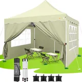 HOTEEL Pavillon 3x3 Faltpavillon 3x3 Wasserdicht Stabil mit 4 Seitenteilen und 4 SandsäCke, Uv Schutz 50+ Partyzelt Gartenpavillon Pop Up Pavillon, Stahlrahmen, Hoher Gipfel, Khaki