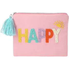 DEPESCHE 13326 TOPModel Kosmetiktasche mit Perlenstickerei und der Aufschrift Happy, Täschchen mit bunter Quaste