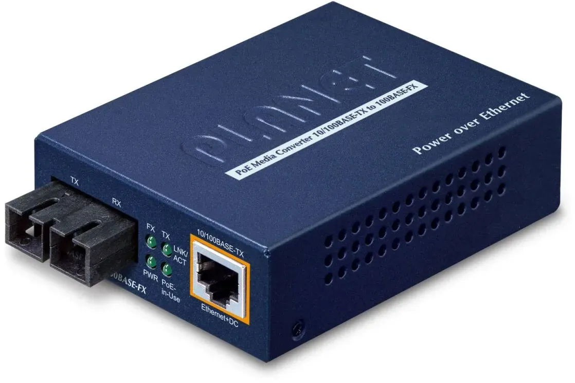 PLANET PoE Medienkonverter, Multimode 10/100Base-TX zu 100Base-FX, Inkl. Netzteil SC Buchse, PoE Injector