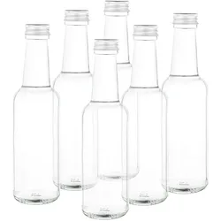 6er Set Geradhalsflasche 250ml + Schraubverschluss Deckel PP 28 Silber Aluminium zum abfüllen von Essig & Öl, Sirup, Most, Bier, Likör, Saft + Wein