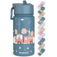 Bearfoot Trinkflasche Kinder Edelstahl mit Strohhalm - Thermosflasche 400ml - BPA frei - auslaufsicher - Kleinkinder, Mädchen & Jungen Wasserflasche für Schule, Kindergarten (Blau - Feuerwehr)