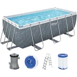 Bestway Power Steel Frame Pool Set mit Filterpumpe 412 x 201 x 122 cm, Marmor-Optik (Schiefergrau), eckig