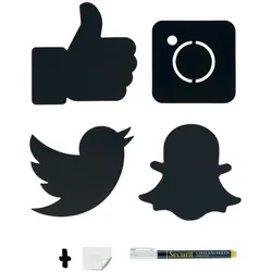 Securit® Silhouette Social Media Kreidetafeln – 4er-Set: Facebook, Instagram, Twitter, SnapChat – Mit Kreidemarker & Klebestreifen – 15x15 cm