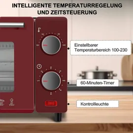 Woltu Minibackofen 10 Liter, 650 Watt Toasterofen, Kleiner elektrischer Backofen, 100-230 °C, 60 Min, Ober- und Unterhitze, mit Backblech Grillrost Entnahmegriff, Rot+Schwarz