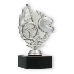 Pokal Kunststofffigur Rennsport silbermetallic auf schwarzem Marmorsockel 15,5cm