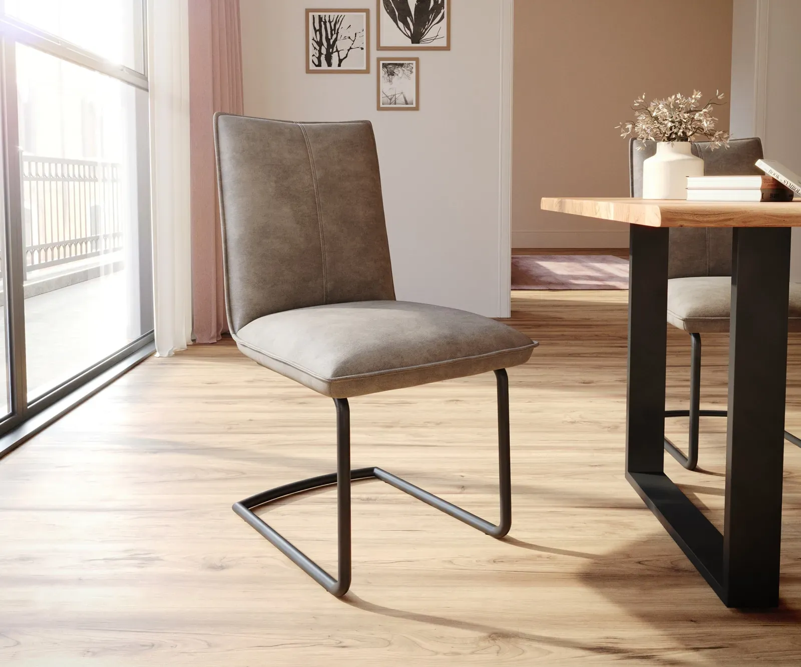 DELIFE Cantilever Lelio-Flex taupe vintage cantilever rond noir ressorts ensachés, Chaises de salle à manger