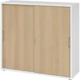 bümö Schiebetürenschrank 3OH - Aktenschrank abschließbar, Sideboard Schrank mit Schiebetüren in Weiß/Eiche, Bügelgriff - Büroschrank aus Holz mit