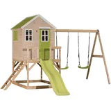 Wendi Toys M28 Stelzenhaus mit Rutsche und Doppelschaukel, Outdoor Spielturm aus FSC-Holz für Kinder Garten, Podesthöhe 90 cm, 330 × 405 × 242 cm, mit 175 cm Rutsche, Sandkasten, wetterfest