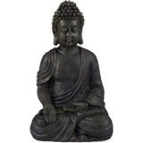 Relaxdays Buddha Figur sitzend 18cm, Dekofigur für Wohnzimmer und Bad, feuchtigkeitsresistent, Kunststein, dunkelgrau