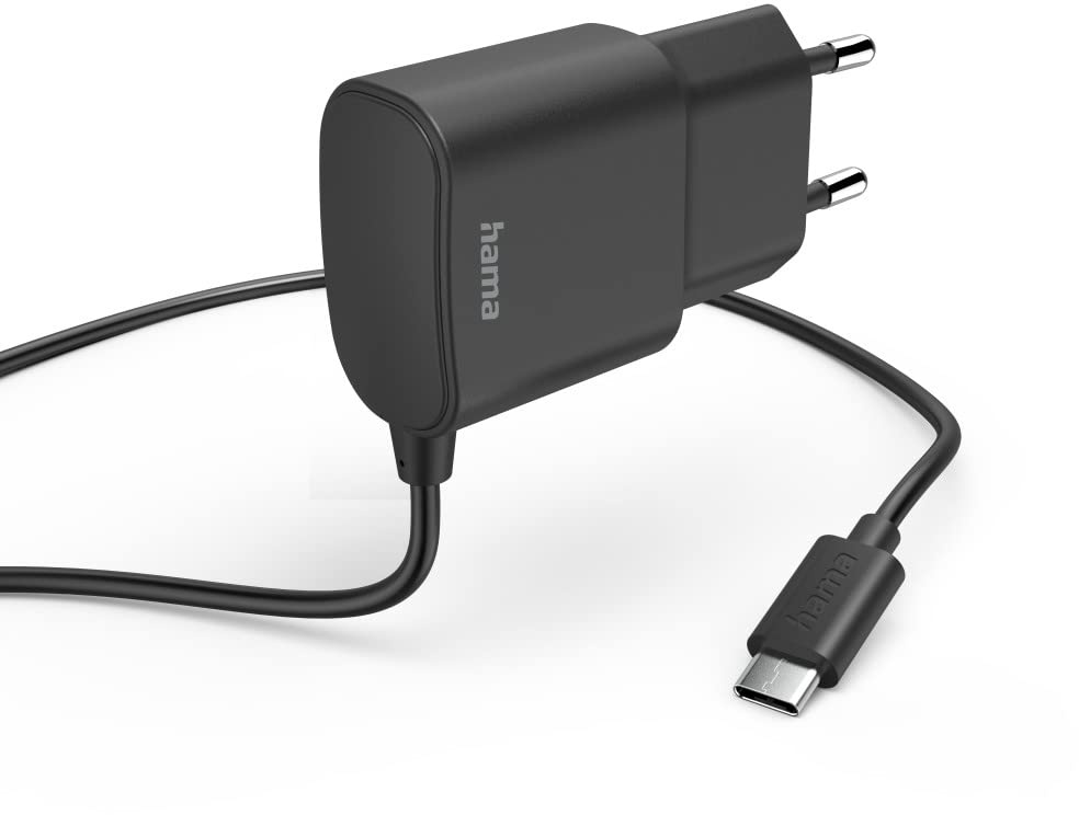 Hama Ladegerät USB C, 12W (USB Ladegerät, für Handy, Smartphone, Tablet, Ladekabel Typ C Ladegerät, Ladeadapter, Ladestecker, Netzteil, integriertes Ladekabel, klein, Kabel 1m) schwarz