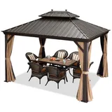 PURPLE LEAF Pavillon Außenbereich Alu Gartenpavillon mit Stahldach Hardtop und Seitenteile, Metall Gazebo mit Netzen und Vorhängen Permanenter braun 300 cm x 365 cm
