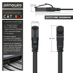 Primewire CAT 8.1 Netzwerkkabel Flach 40 Gbits, Baumwollmantel, LAN Kabel Patchkabel, Gigabit RJ45 Ethernet Cable, Flachbandkabel Verlegekabel - 0,25m
