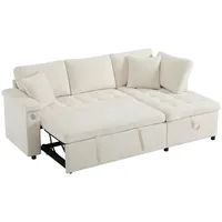 SOFTWEARY 3-Sitzer Sofa mit Bettfunktion und Stauraum, mit Zierkissen, Rückenkissen, USB und Type-C, Liegefläche erweiterbar, Schlafsofa, Ecksofa, L-Form, Chenille beige