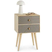 Idimex Nachttisch Pelo mit 2 Schubladen natur/grau - Nachtkasten mit Ziernuten im Boho Stil, Nachtkommode aus Paulownia-Holz