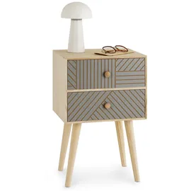 Idimex Nachttisch Pelo mit 2 Schubladen natur/grau - Nachtkasten mit Ziernuten im Boho Stil, Nachtkommode aus Paulownia-Holz