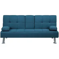 Beliani 3-Sitzer Schlafsofa Stoffbezug blau mit integriertem Tisch Klapparmlehne Roxen