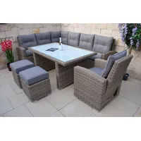 Ragnarök Möbel-Design Gartenlounge-Set Dining Lounge Wieland XL, (Set, 1 Ecklounge, 2x Hocker, 1x Hochlehner Sessel, Alu, Polyrattan), Sitzpolster ca. 16 cm dick beige