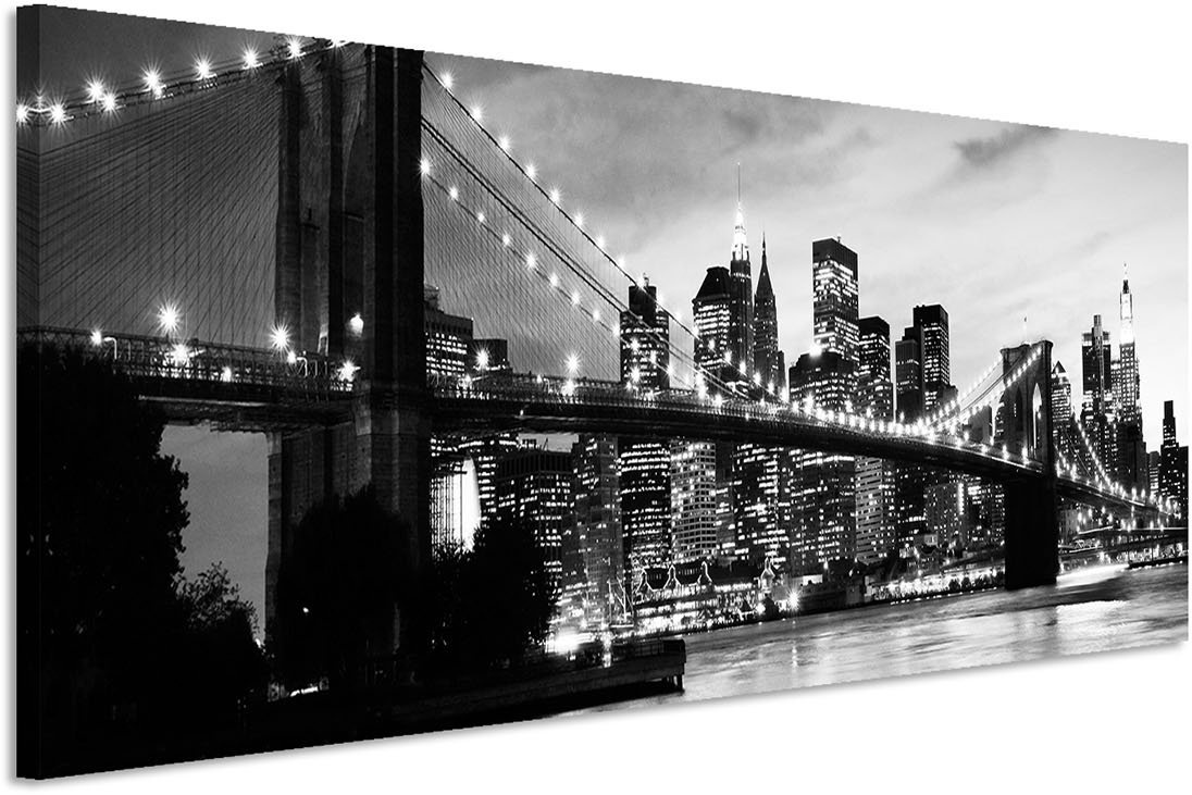 Paul Sinus Art 150x50cm Leinwandbild auf Keilrahmen Manhattan Brooklyn Bridge Skyline Sonnenuntergang Wandbild auf Leinwand als Panorama