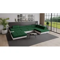 Goldstoff Wohnlandschaft RELAX U Ecksofa mit Schlaffunktion, Kunstleder & Samt, 345 × 205 cm, zwei Bettkästen, verstellbare Kopfstützen blau
