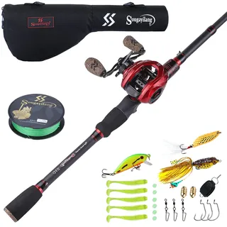 Sougayilang Baitcaster Combo Teleskop-Angelrute und Rolle, Combo, ultraleichte Baitcast-Angelrolle für Reisen, Salzwasser, Süßwasser, mit Ködern, 2,1 m und linker Griff, Rolle mit Tasche