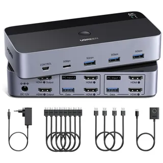 UGREEN HDMI KVM Switch 4K60Hz 2 PC 2 Monitore 4 USB Ports mit 4 HDMI Kabeln