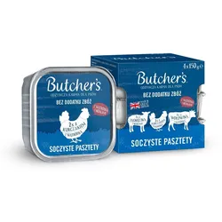 BUTCHER'S Original Saftige Pastete Gemischte Geschmacksrichtungen mit Leber oder Niere 4x150 g Pastete mit Rind, mit Lamm und Huhn für Hunde