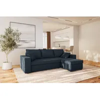 3 Sitzer Ecksofa ANTONIO ALICE - 248x147x81cm, Ottomane links oder rechts, Schlaffunktion & 2 Bettkästen, Samtbezug in Blau / Marine Blau - Marine/Blau
