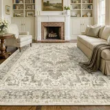 INOVADAY Vintage Teppich Wohnzimmer 160x230 cm Teppich Waschbar Boho Kurzflor rutschfest Teppiche für Lounge Schlafzimmer Esszimmer mit Druckmuster Grau/Taupe/Beige