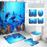 SMchwbc Ozean Delfin Duschvorhang 180x180 180x200 Delfin Fisch Blau Strand Duschvorhänge Set Polyester Delfine Pflanzen Shower Curtains Badezimmerteppich 4-teiliges Set (200 x 240 cm(BxH),2)