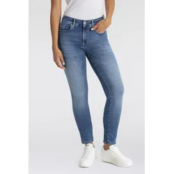 Slim-fit-Jeans BOSS ORANGE "Jackie Mid Waist Premium Damenmode", Damen, Gr. 30, Länge 32, blau (bright blau 432), Jeans, Obermaterial: 92% Baumwolle, 6% Polyester, 2% Elasthan, unifarben, modisch, figurbetont, Jeans, Mid Rise