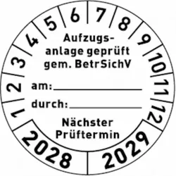 Dreifke® Prüfplakette "Aufzugsanlage geprüft gem. BetrSichV...." - 30 mm Folie selbstklebend, 10 St