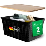 Novaliv 2er Set Eleganter Aufbewahrungskorb mit Holzdeckel in Rattan-Optik | Schwarz Lebensmittelecht Kunststoff 14L ? Perfekt für Bad & Kleidungsaufbewahrung. Aufbewahrungsbox Badezimmer Körbchen.