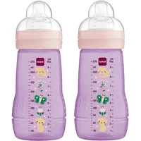 MAM Easy Active Trinkflasche im 2er-Set (270 ml), Baby Trinkflasche inklusive MAM Sauger Größe 1 aus SkinSoft Silikon, Milchflasche mit ergonomischer Form, 0+ Monate, Katze/Schmetterling