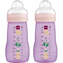 MAM Easy Active Trinkflasche im 2er-Set (270 ml), Baby Trinkflasche inklusive MAM Sauger Größe 1 aus SkinSoft Silikon, Milchflasche mit ergonomischer Form, 0+ Monate, Katze/Schmetterling
