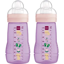 MAM Easy Active Trinkflasche im 2er-Set (270 ml), Baby Trinkflasche inklusive MAM Sauger Größe 1 aus SkinSoft Silikon, Milchflasche mit ergonomischer Form, 0+ Monate, Katze/Schmetterling
