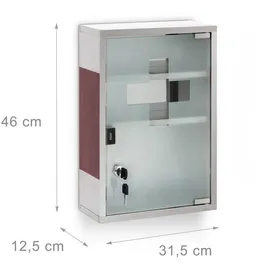 Relaxdays Medizinschrank Emergency Edelstahl / Holz-Optik Hbt:45x30x12cm, 3 Fächer, Glas-Tür abschließbar,silber/braun