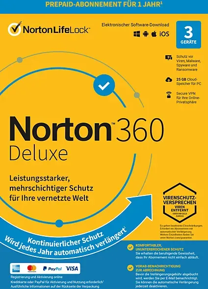 Norton 360 Deluxe - 1 Benutzer 3 Geräte Jahres Abo 50GB Cloud-Speicher (PC, iOS, MAC, Android)