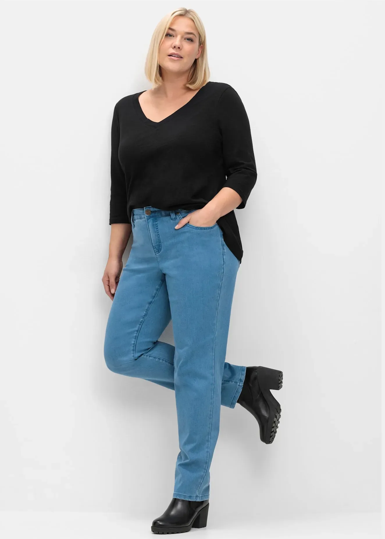 Stretch-Jeans SHEEGO, Damen, Gr. 48, Normalgrößen, blau (blau denim), 71% Baumwolle, 27% Polyester, 2% Elasthan, unifarben, lang, Jeans