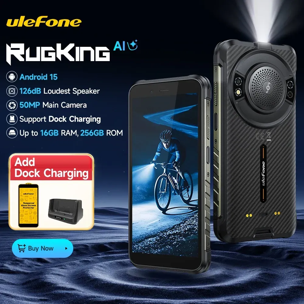 【2025 NEU】 Ulefone RugKing 4G Robustes Telefon Android 15 Bis zu 16 GB + 256 GB Wasserdichtes Smartphone 9600 mAh 50 MP Kamera NFC Globale Version