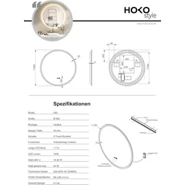 PonteSino HOKO Badspiegel LED Antibeschlag rund 60cm+LED Wechsel Warmweiß-Kaltweiß-Neutral 2700-6500K. Licht mit Touch Schalter/Wandschalter einschaltbar).... - Transparent