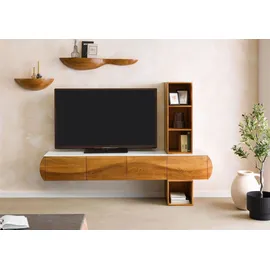 MASSIVMOEBEL24.DE Wohnwand Akazie 204x40x145 natur lackiert / Marmor weiß MONTREAL #141